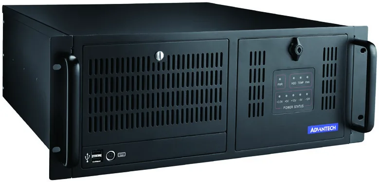 Vỏ máy tính công nghiệp Advantech ACP-4000 4U nhìn chéo mặt trước, có hai cổng USB và dãy đèn báo trạng thái nguồn