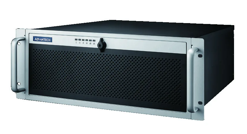 Vỏ máy tính công nghiệp Advantech ACP-4340 4U mặt trước màu bạc đen với tay xách hai bên và cửa lưới thông gió