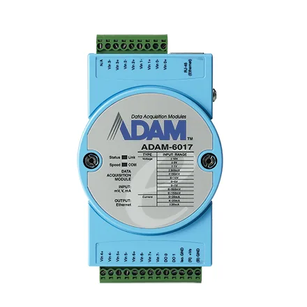 Module Ethernet Advantech ADAM-6017 vỏ xám với cổng RJ-45 và cầu đấu vít cho 8 kênh analog