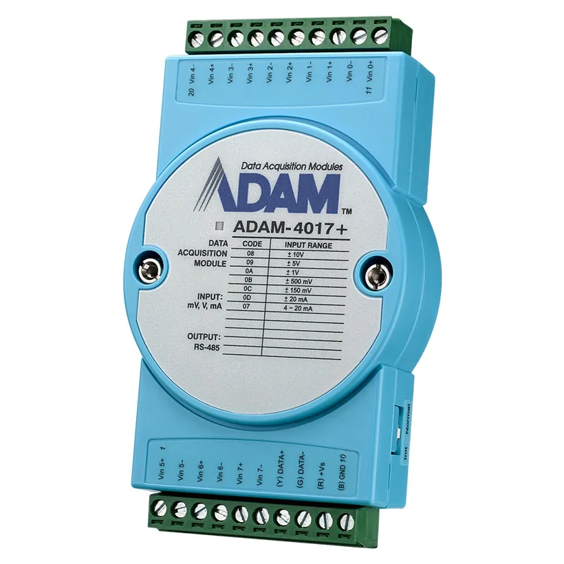 Mặt bên module Advantech ADAM-4017+ cho thấy hàng cầu đấu vít và nhãn ghi thứ tự chân đấu dây