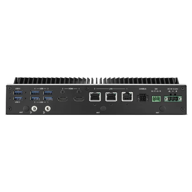 Máy tính không quạt Advantech ARK-2251 dạng phẳng, mặt trước có 6 cổng COM, 3 cổng LAN, USB và 2 HDMI