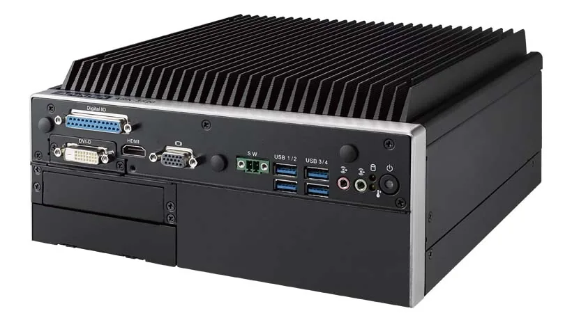 Máy tính không quạt Advantech ARK-3520L vỏ nhôm cánh tản nhiệt lớn, mặt trước có khay ổ cứng và cổng I/O