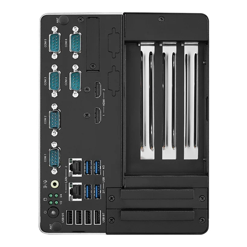 Máy tính không quạt Advantech ARK-3534B dạng đứng, mặt trước có 4 cổng COM, 2 HDMI, USB và hai khe cắm card PCIe
