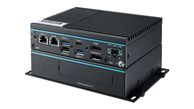 Máy tính nhúng Advantech UNO-2372 V3 hai tầng, mặt trước có 2 LAN, USB, HDMI, DisplayPort và terminal block nguồn