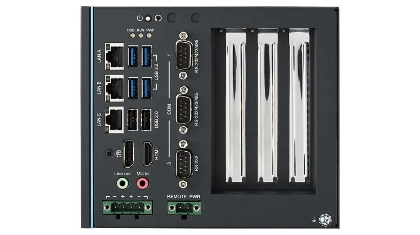 Máy tính tủ điện Advantech UNO-348 dạng đứng, mặt trước có 3 LAN, 4 USB, cổng COM, HDMI, DisplayPort và ba khe cắm card
