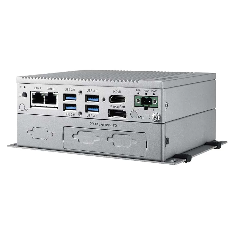 Máy tính nhúng Advantech UNO-2372G vỏ nhôm bạc, mặt trước có 2 LAN, 4 USB, HDMI, DisplayPort và nắp khe iDoor