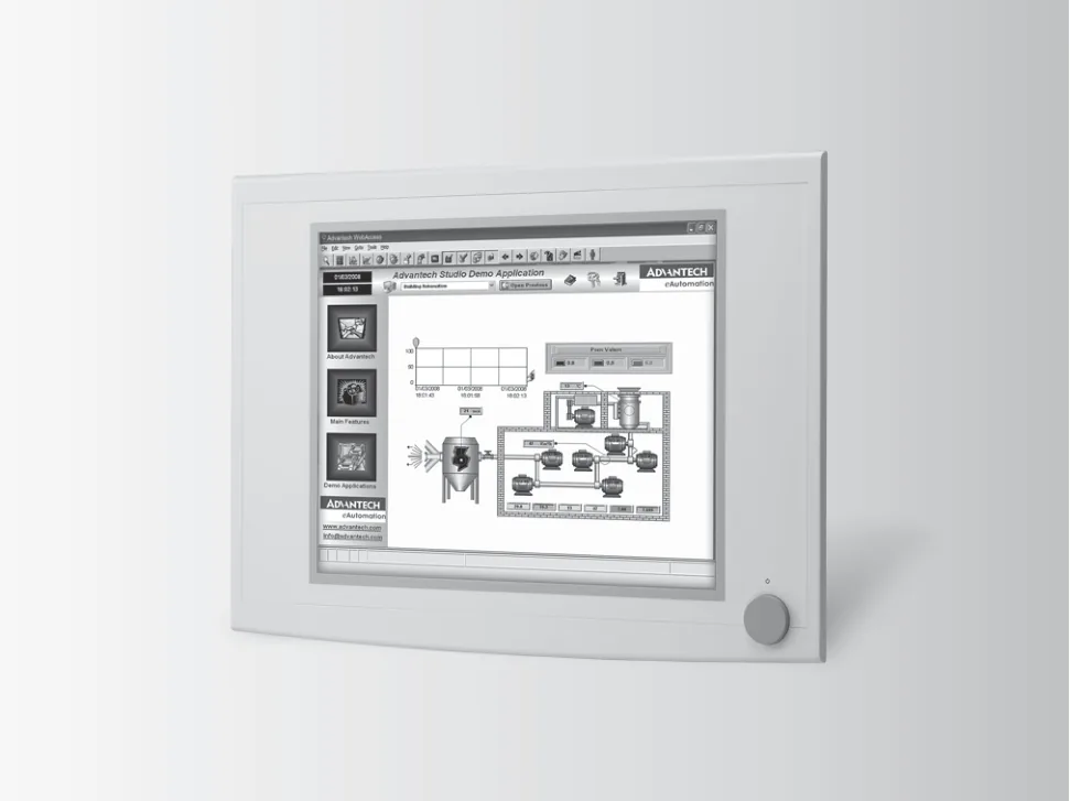 Màn hình công nghiệp Advantech FPM-5151G nhìn chéo, viền nhôm phẳng màu sáng, mặt trước kín