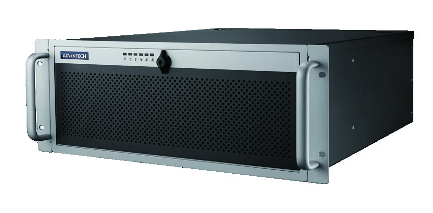 Vỏ máy chủ công nghiệp Advantech HPC-7442 cao 4U, mặt trước lưới đen với hai tay nắm kim loại