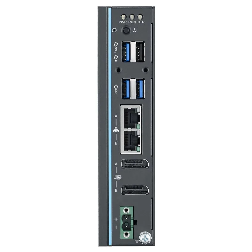 Máy tính công nghiệp Advantech UNO-137 V2 dạng mỏng gắn thanh DIN, mặt cổng có 4 USB, 2 LAN, 2 DisplayPort và cầu đấu nguồn
