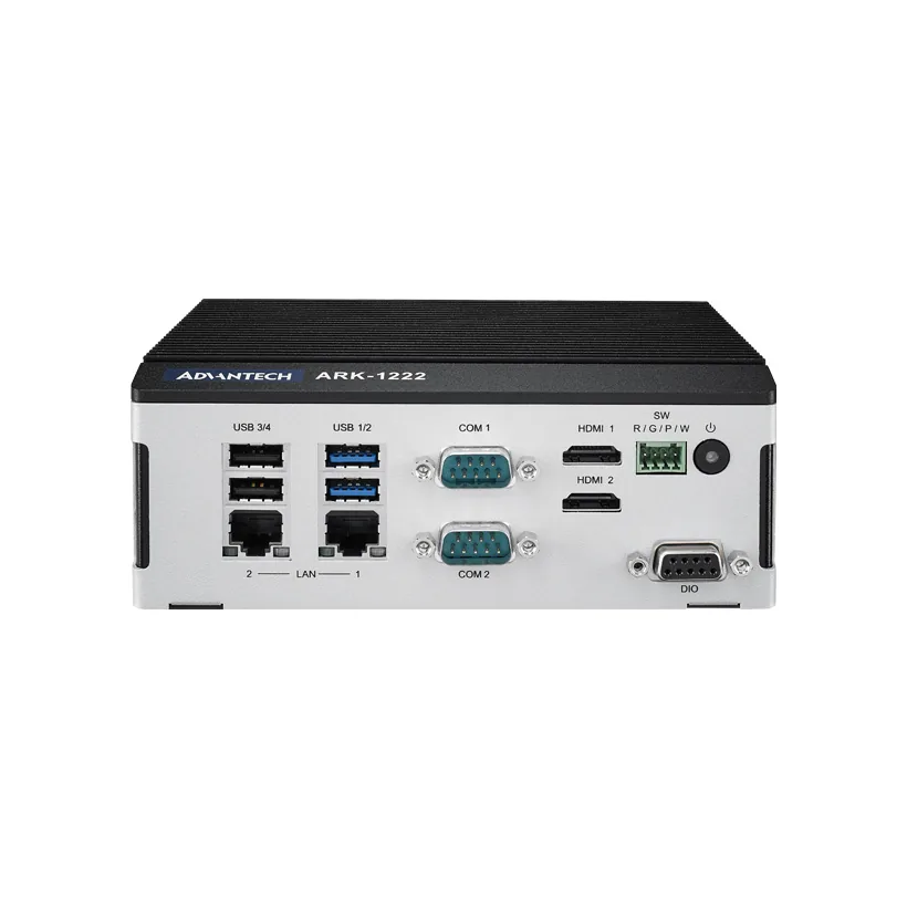 Máy tính nhúng không quạt Advantech ARK-1222 nhìn thẳng mặt trước với 4 USB, 2 LAN, 2 cổng COM DB9, 2 HDMI và cổng DIO