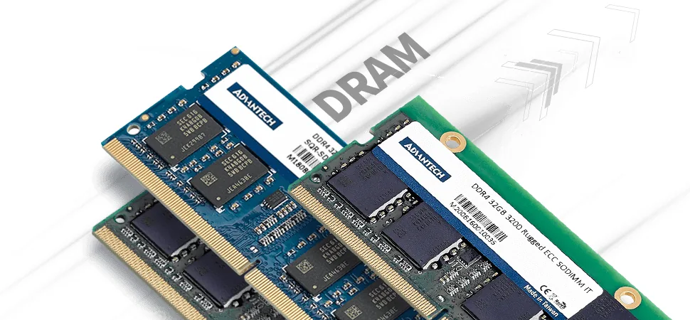 Hai thanh RAM SQRAM Advantech SO-DIMM DDR4, trong đó có bản Rugged ECC SO-DIMM nhiệt độ rộng