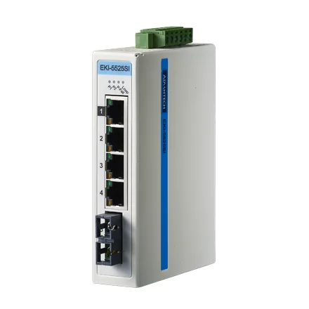 Switch công nghiệp Advantech EKI-5525SI với bốn cổng RJ45 và một cổng quang SC single-mode