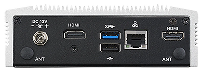 Mặt sau của ARK-1123H: jack nguồn DC 12V, hai cổng HDMI, hai cổng USB và cổng LAN