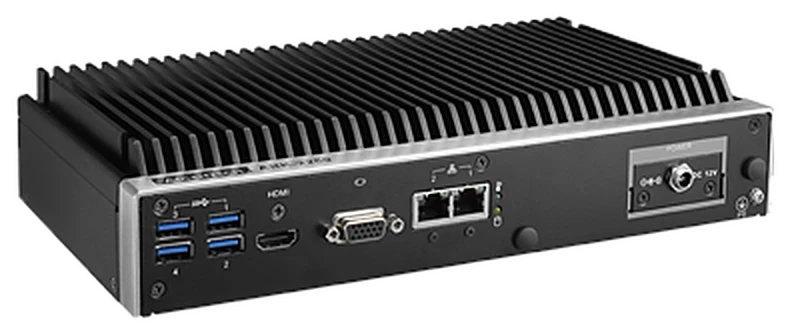 Máy tính công nghiệp không quạt Advantech ARK-2250L nhìn chếch, thấy mặt trước và cánh tản nhiệt
