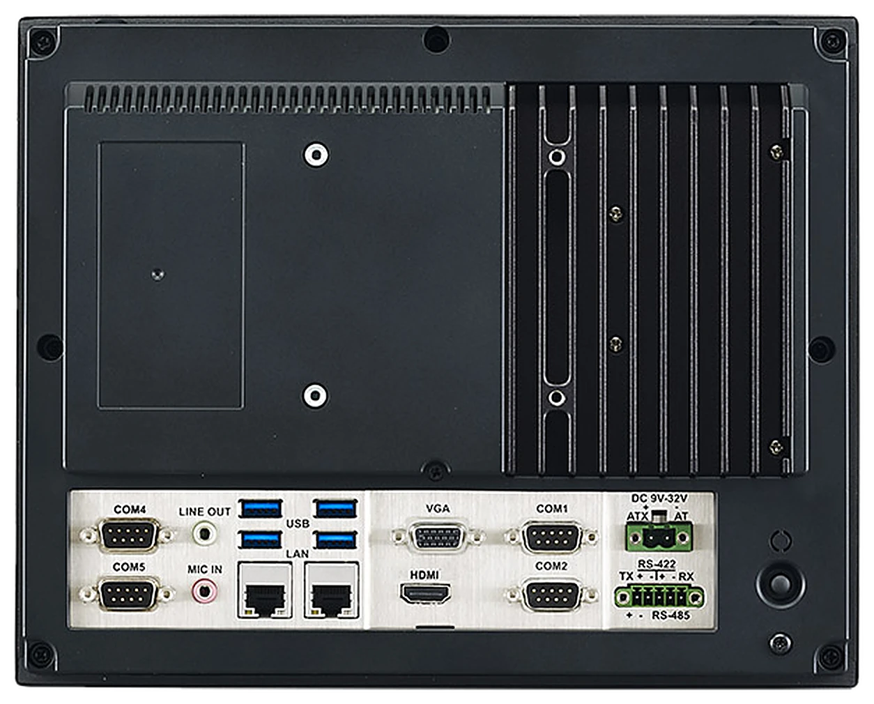 Mặt sau của PPC-3100-RE9A: cánh tản nhiệt và hàng cổng COM, USB, LAN, VGA, HDMI