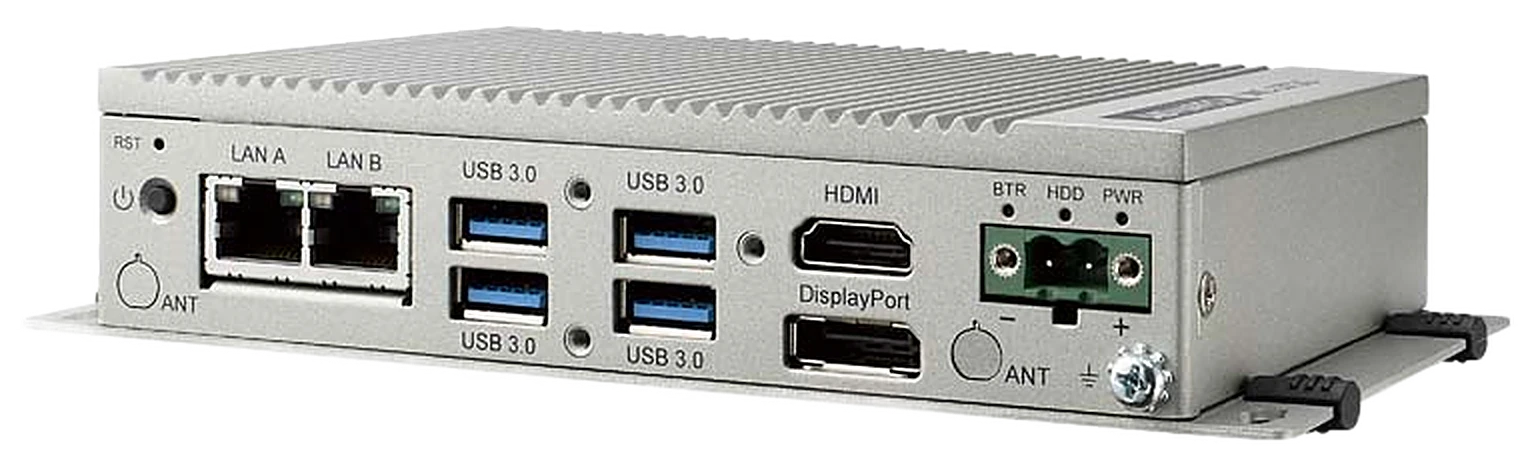 Máy tính công nghiệp không quạt Advantech UNO-2372G nhìn chếch trái, thấy mặt cổng và cánh tản nhiệt