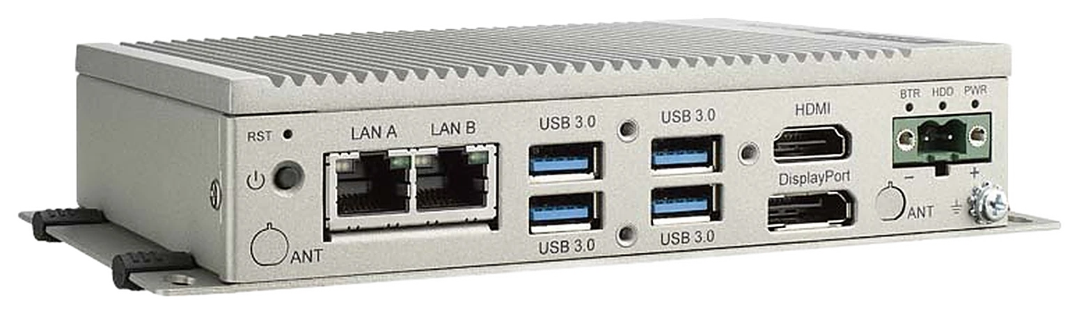Mặt cổng của UNO-2372G: hai cổng LAN, bốn cổng USB 3.0, HDMI, DisplayPort và hai lỗ ăng-ten